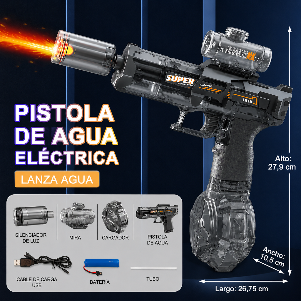 Pistola de Agua Eléctrica con Fuego y Luces RGB | Retroceso Automático | La Más Potente para Batallas de Verano en Playa y Piscina
