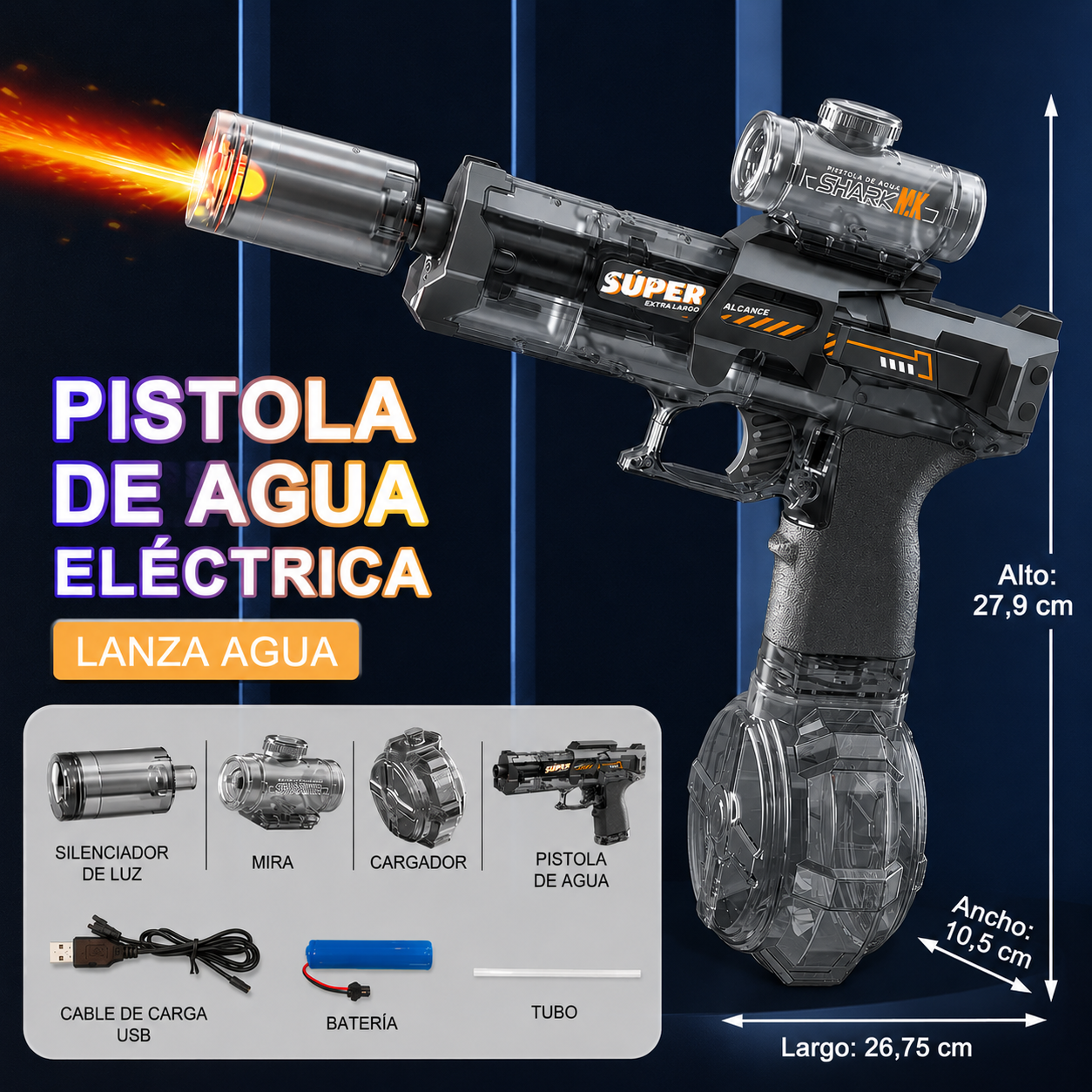 Pistola de Agua Eléctrica con Fuego y Luces RGB | Retroceso Automático | La Más Potente para Batallas de Verano en Playa y Piscina