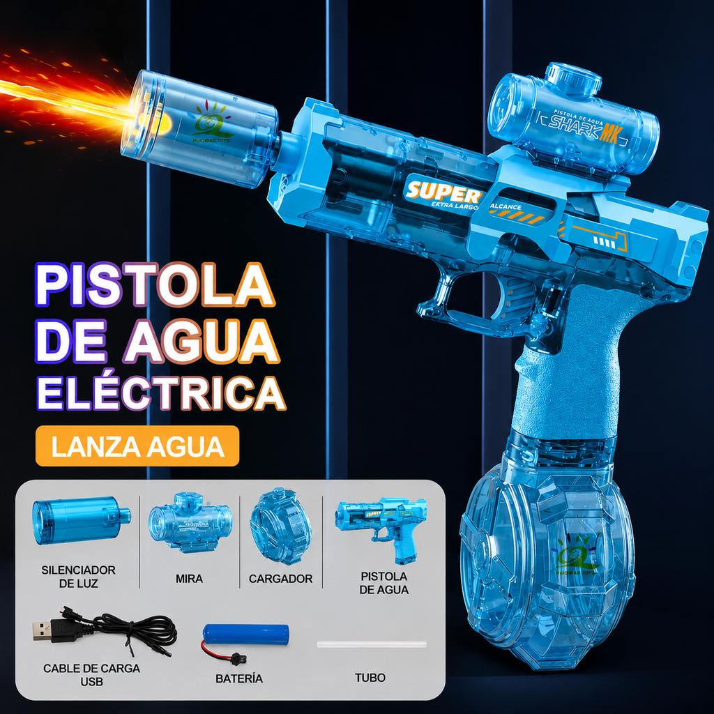 Pistola de Agua Eléctrica con Fuego y Luces RGB | Retroceso Automático | La Más Potente para Batallas de Verano en Playa y Piscina