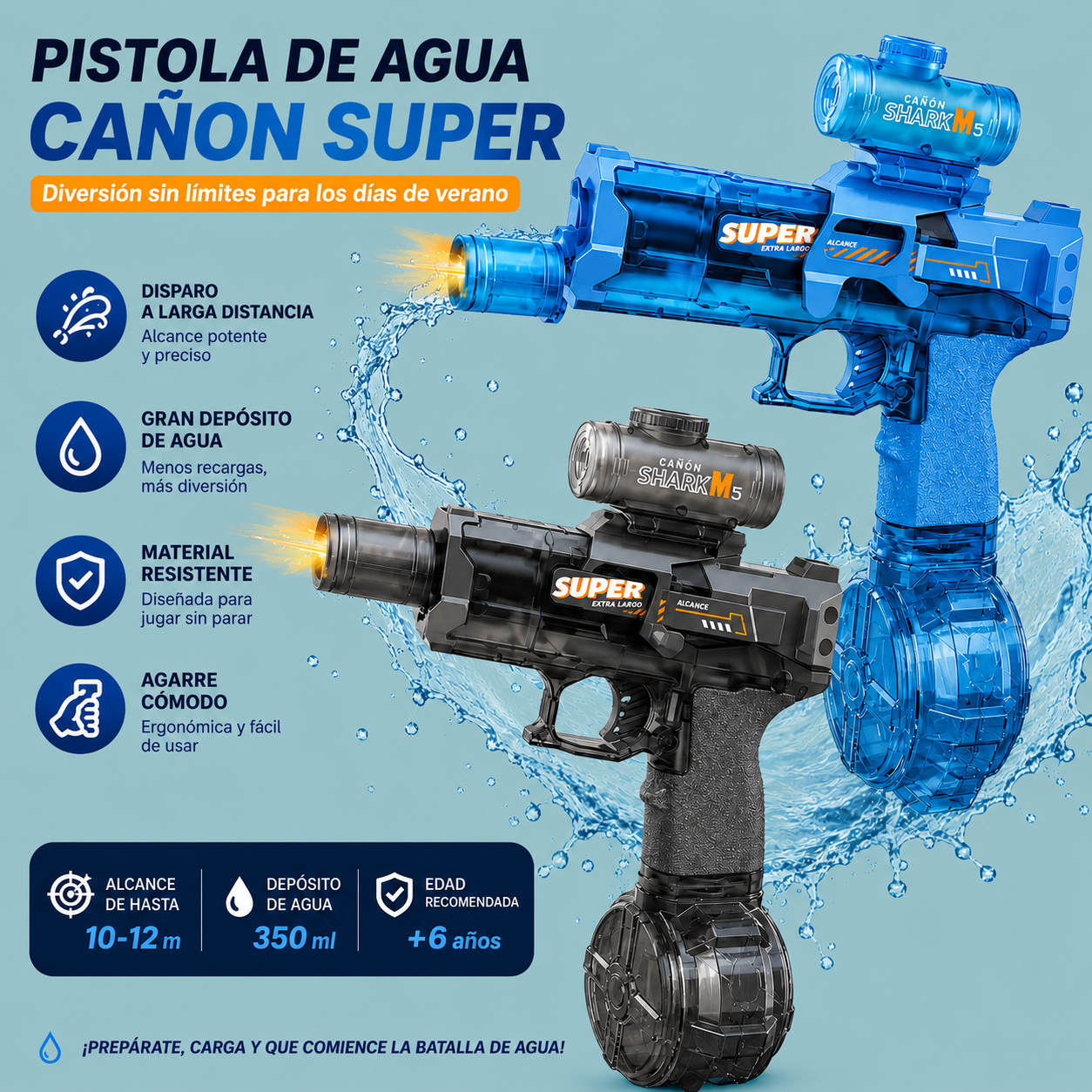 Pistola de Agua Eléctrica con Fuego y Luces RGB | Retroceso Automático | La Más Potente para Batallas de Verano en Playa y Piscina