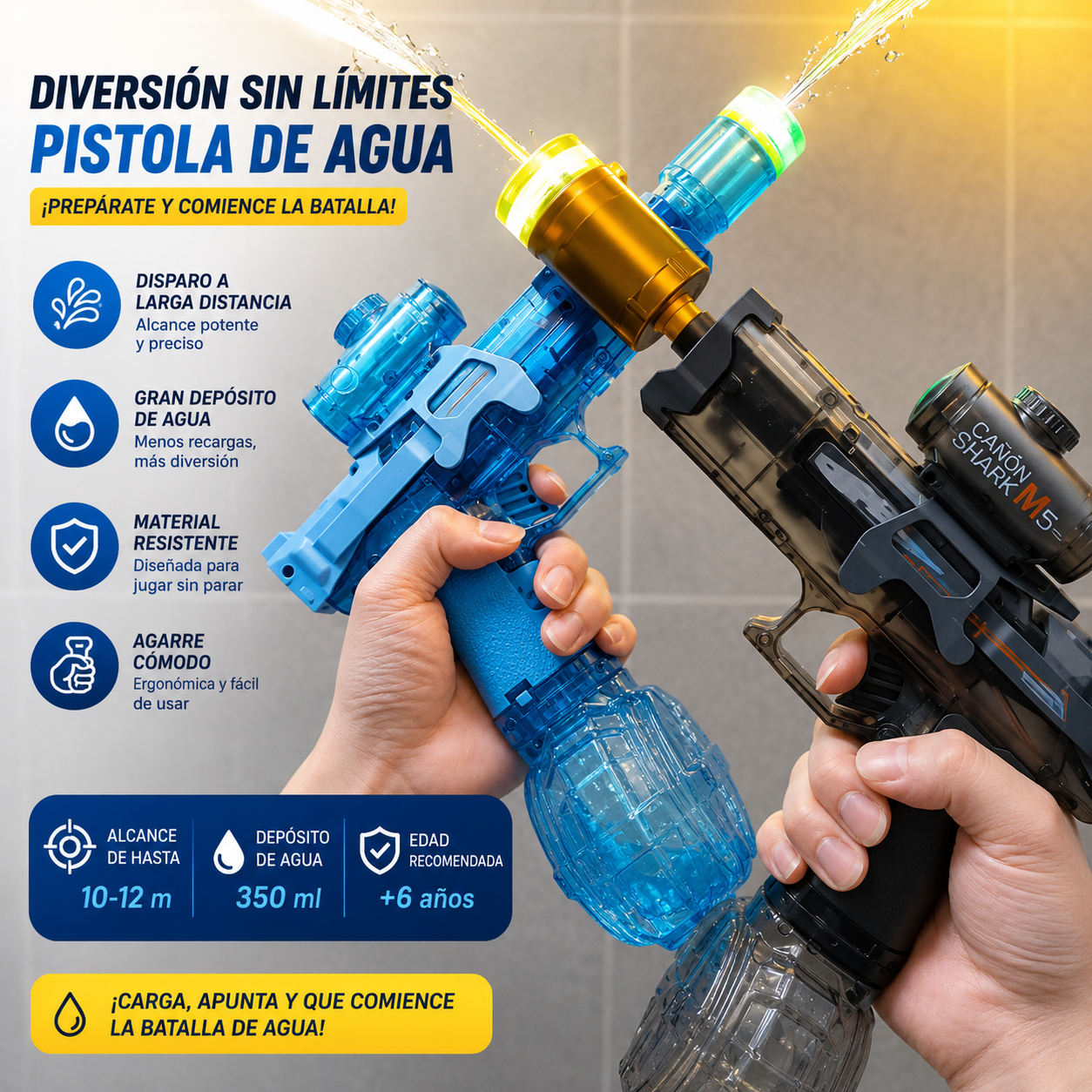 Pistola de Agua Eléctrica con Fuego y Luces RGB | Retroceso Automático | La Más Potente para Batallas de Verano en Playa y Piscina