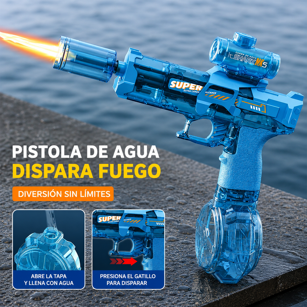 Pistola de Agua Eléctrica con Fuego y Luces RGB | Retroceso Automático | La Más Potente para Batallas de Verano en Playa y Piscina