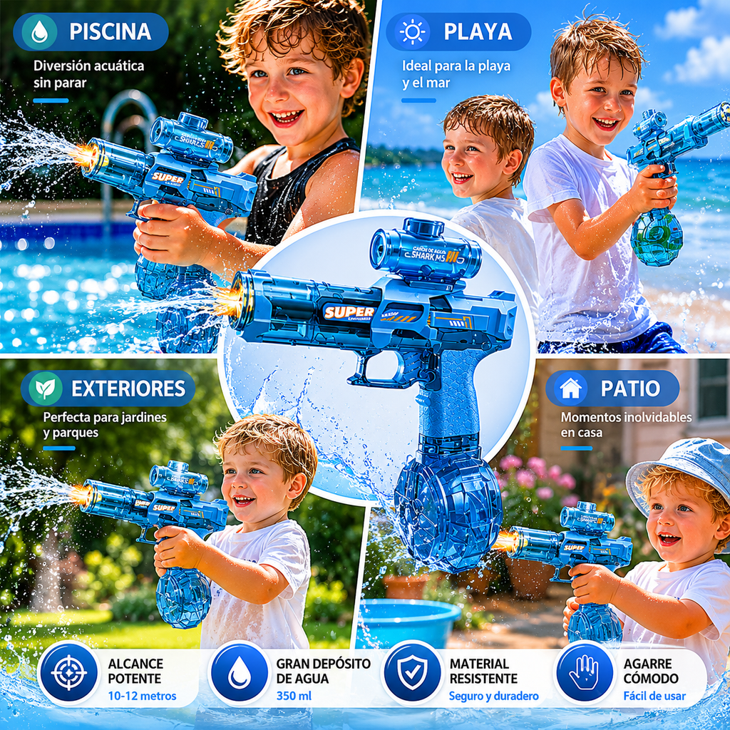Pistola de Agua Eléctrica con Fuego y Luces RGB | Retroceso Automático | La Más Potente para Batallas de Verano en Playa y Piscina