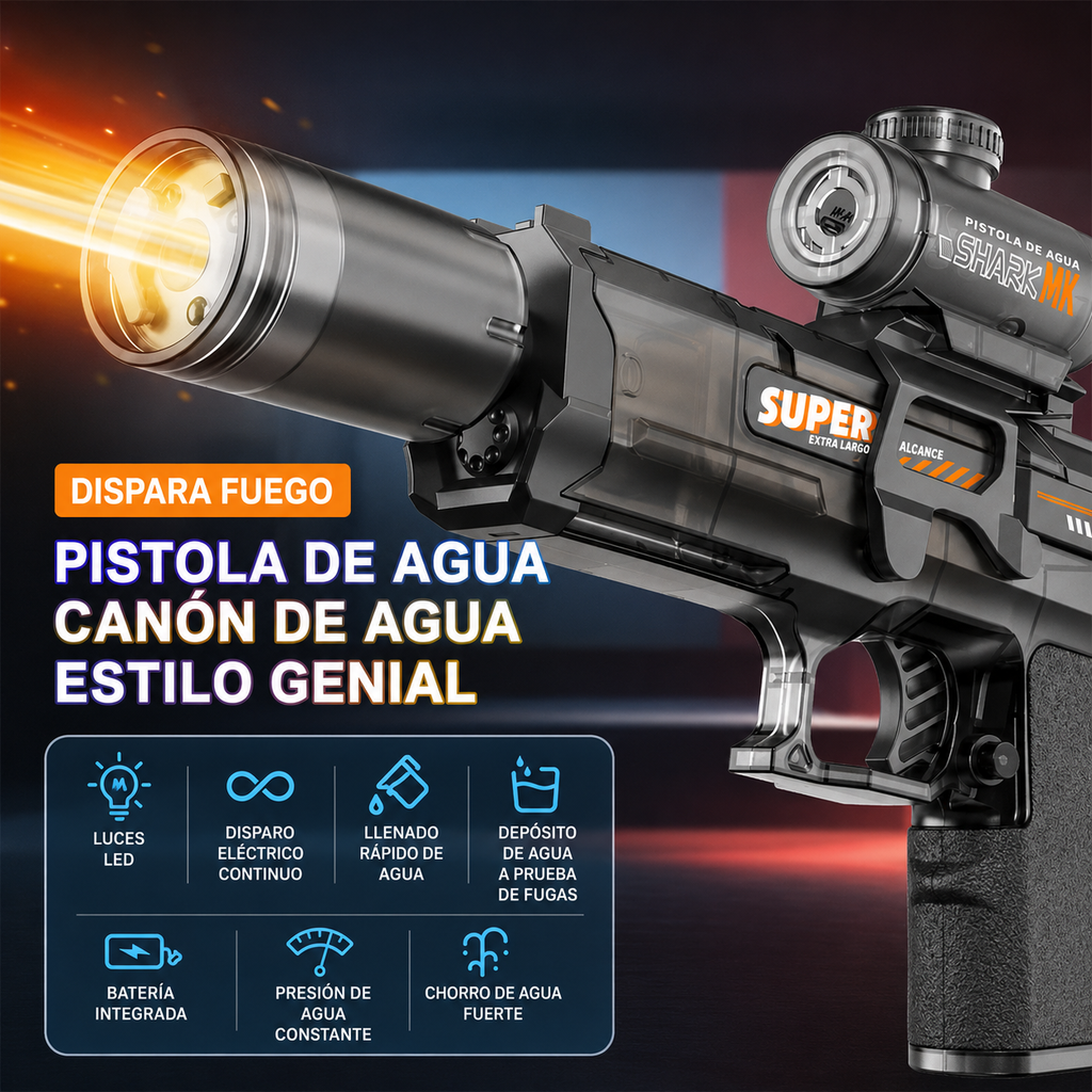 Pistola de Agua Eléctrica con Fuego y Luces RGB | Retroceso Automático | La Más Potente para Batallas de Verano en Playa y Piscina
